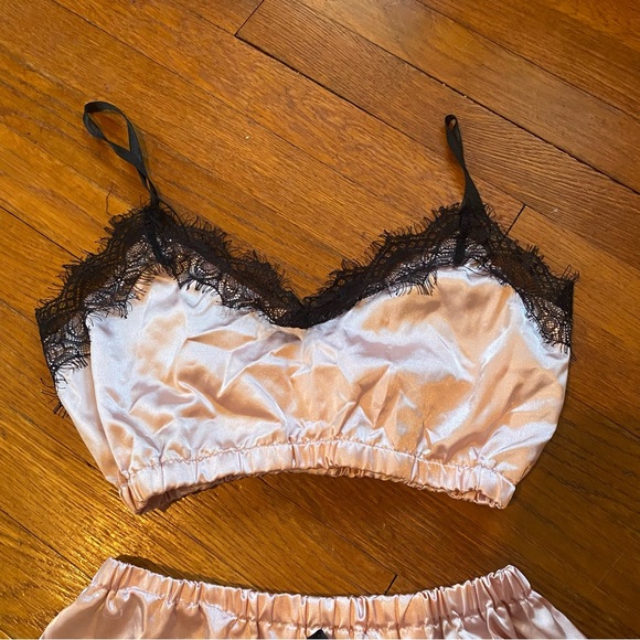 SHEIN Pink Satin Pajama Set with Black Lace - Picture 3 of 9